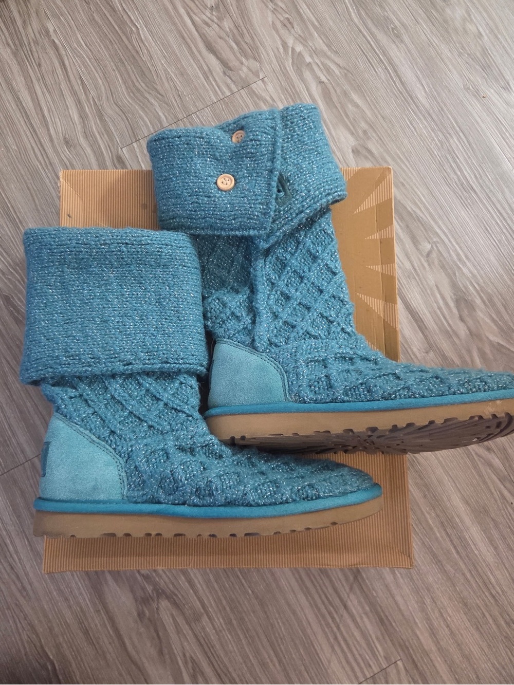 UGG Australia Women's Lattice Cardy Knit Boots Teal/MTDA Blue – Size 7